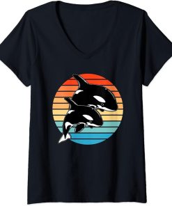 Womens Orca whales retro sunset V-Neck T-Shirt