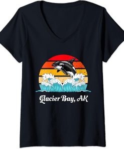 Womens Vintage Glacier Bay AK Distressed Orca Killer Whale Art V-Neck T-Shirt