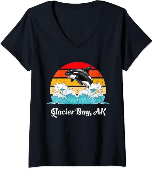 Womens Vintage Glacier Bay AK Distressed Orca Killer Whale Art V-Neck T-Shirt