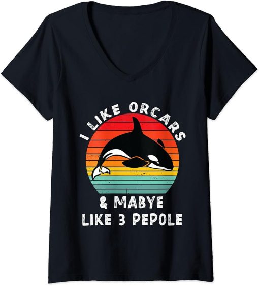 Womens I Like Orcas and Maybe 3 People Vintage Orca Killer Whale V-Neck T-Shirt