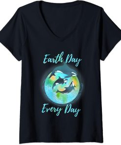 Womens Earth Day 2022 World Planet Environmental Orca Killer Whale V-Neck T-Shirt