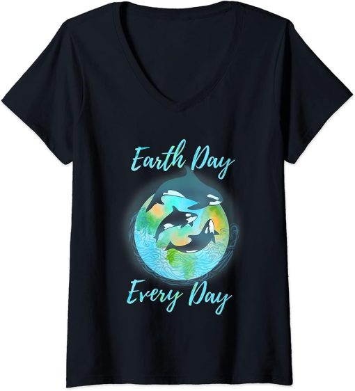 Womens Earth Day 2022 World Planet Environmental Orca Killer Whale V-Neck T-Shirt