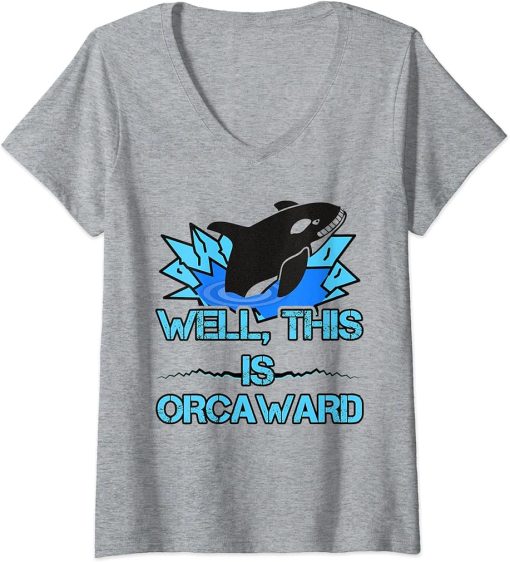 Womens Funny Orca Whale Breaking Through Ice Fishing Hole Orcaward V-Neck T-Shirt